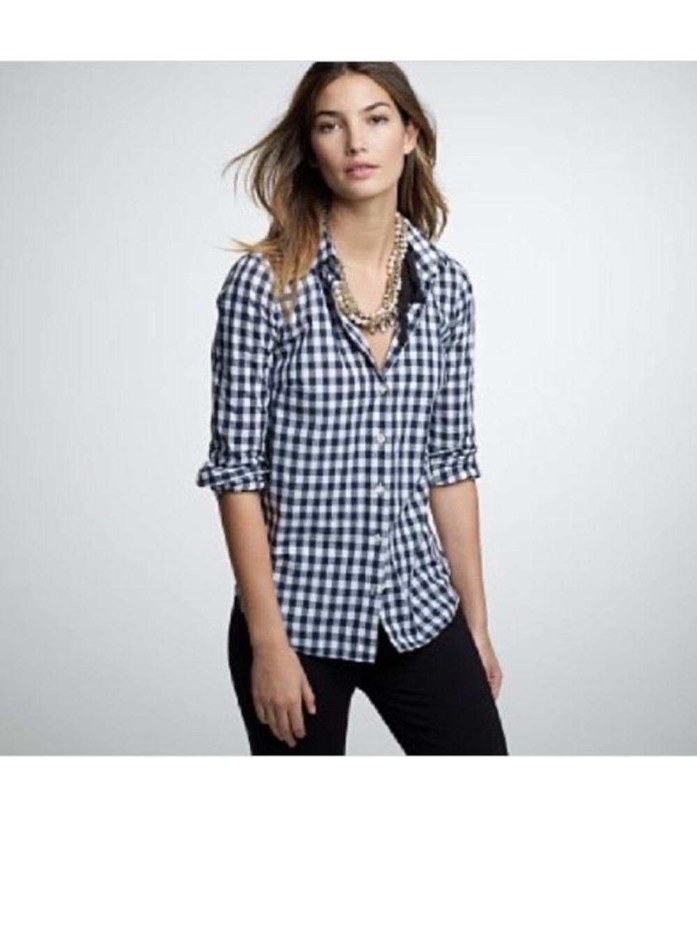 J. Crew Lightweight Navy/White Gingham Roomy Button-Down Boy Shirt Size 2